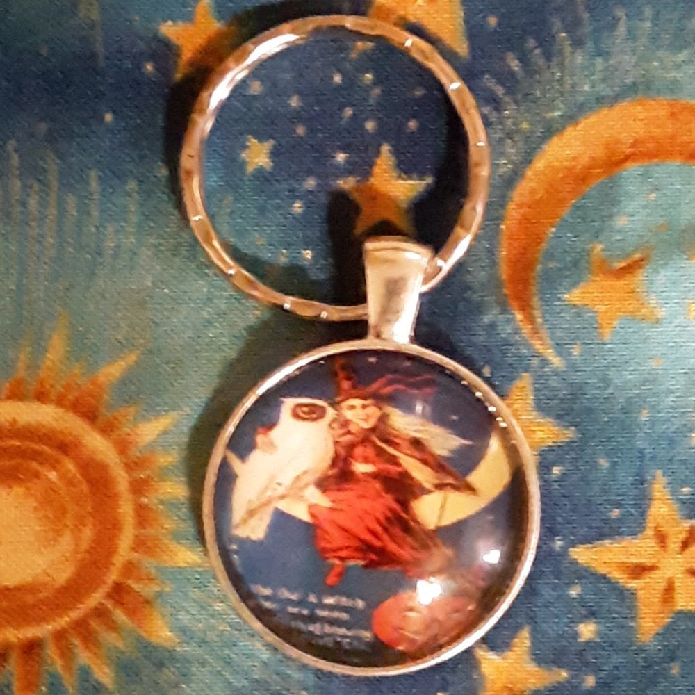 Owl & Witch On Moon Vintage Style Photo Cabochon Key Ring With Necklace Chain